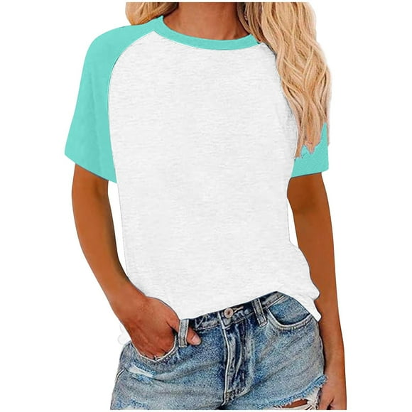 Womens Summer Raglan T-Shirts Color Block Plus Size Baseball Tees Casual Short Sleeve Loose Pullover Mint Green, S