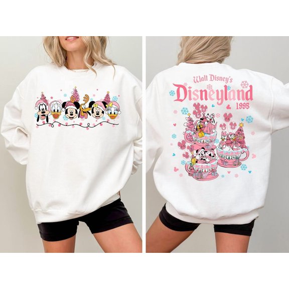 Disney 2-Sided Pink Mickey And Friends Disney Holiday Sweatshirts, Mickey'S Very Merry Holiday Party 2025 Sweatshirt, Disneyland Holiday Coffee Cup Sweatshirt, S-5XL Sweatshirt