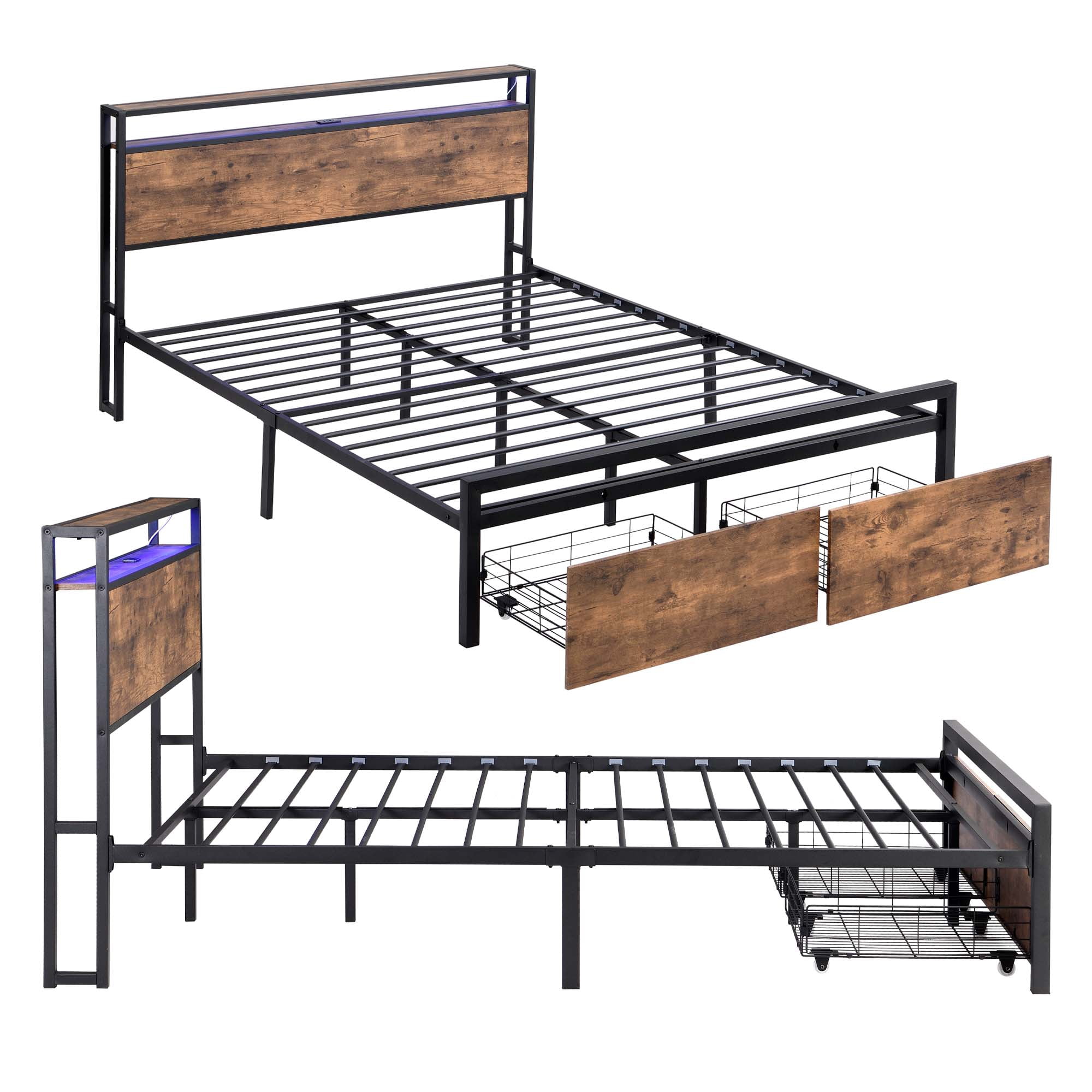 Aukfa Queen Bed Frame with Storage Drawers and Headboard Shelf, LED Lights, 3 USB Ports, Brown