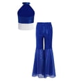 thumbnail image 4 of SiiRoh Kids Girls 70s Disco Jazz Dance Outfits Shiny Sequin Halter Crop Top with Flare Pants Stage Performance Royal Blue 14, 4 of 7