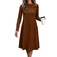 thumbnail image 2 of Long Sleeve Fall Winter Dresses for Women V Neck Button Down A Line Swing Casual Knit Sweater Dress Brown M, 2 of 6