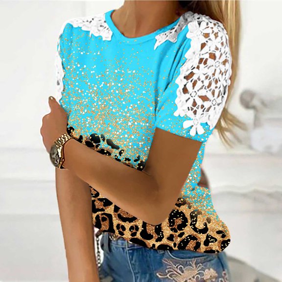 WXLWZYWL 4th Of July Tops For Women Funny Women'S Summer Round Neck Leisure Short Sleeve Printed Lace Stitching Tops