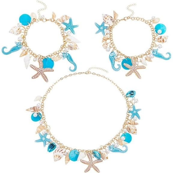3Pcs 3 Styles Shell Starfish Necklace Bracelet Pearl Shell Conch Bib Necklaces Charm Bracelets Sets Summer Beach Necklaces Bracelet Ocean Theme Jewelry for Women