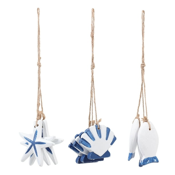 3 unids Colgadores de estilo mediterráneo Pescado de madera colgantes con colgantes de vieiras de cuerda de yute