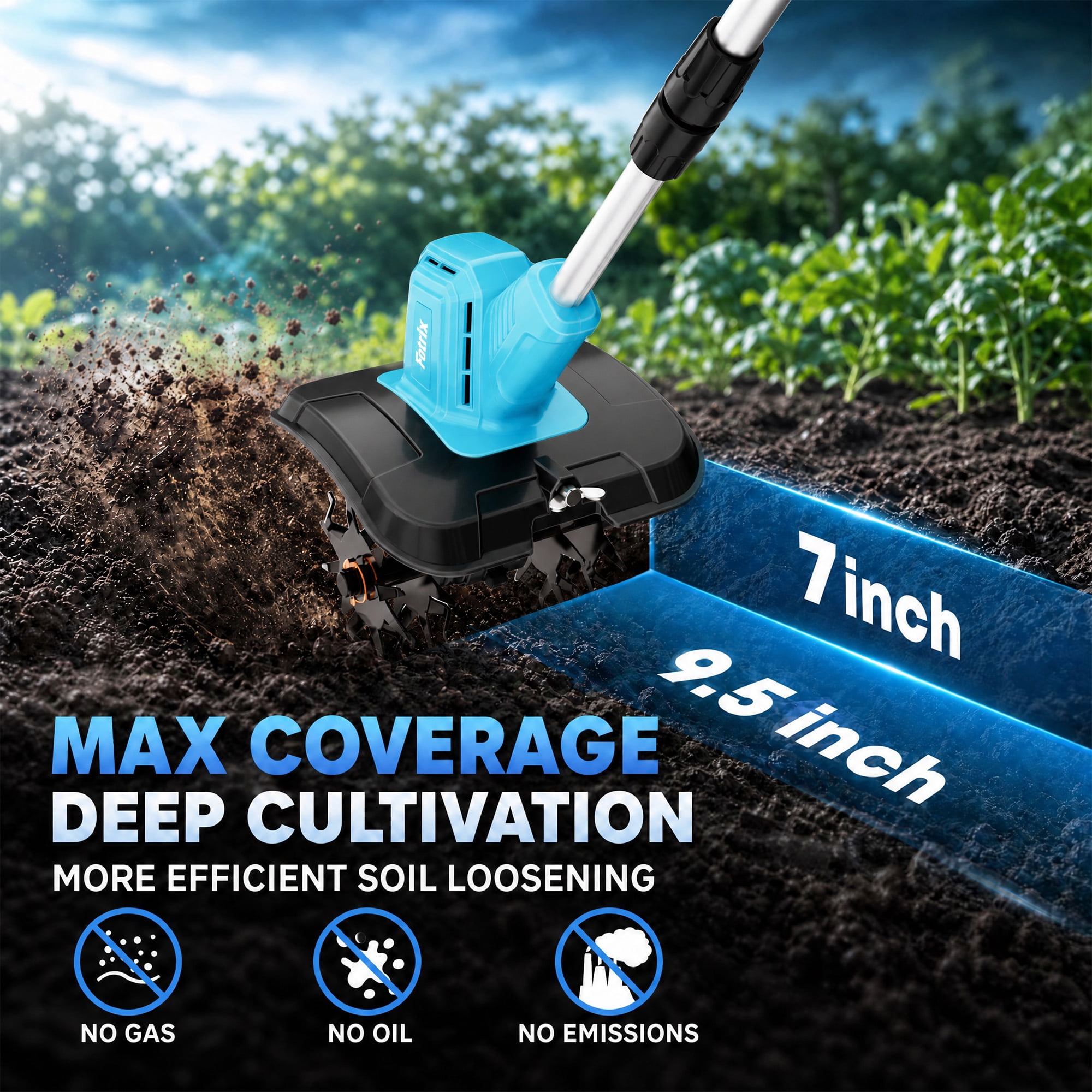 Fotrix Cordless Electric Garden Tiller Cultivator, 360 RPM, 7.5-Inch Depth, 9-Inch Width, with 2 Batteries, Adjustable Handle and Foldable Design