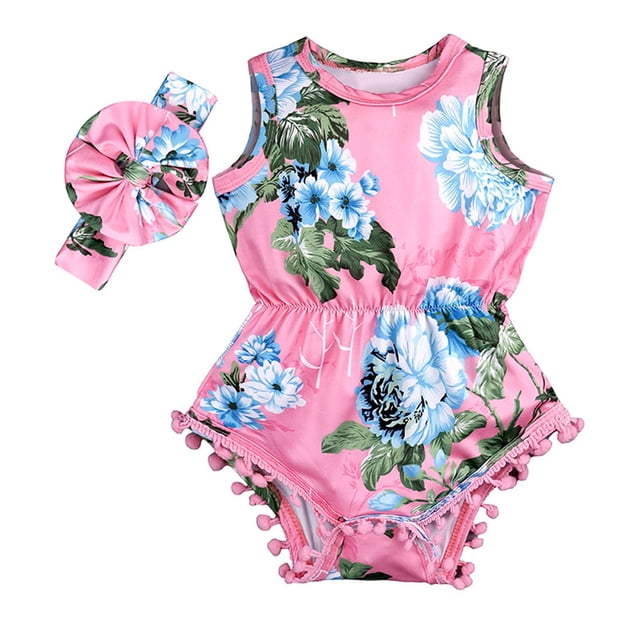 Body Para Bebé, Conjunto De Canastilla, Mono Sin Mangas Para Niño Pequeño, Diadema Con Estampado De Flores, Ropa Infantil De Dos Piezas Rosa Odeerbi LM103-5610