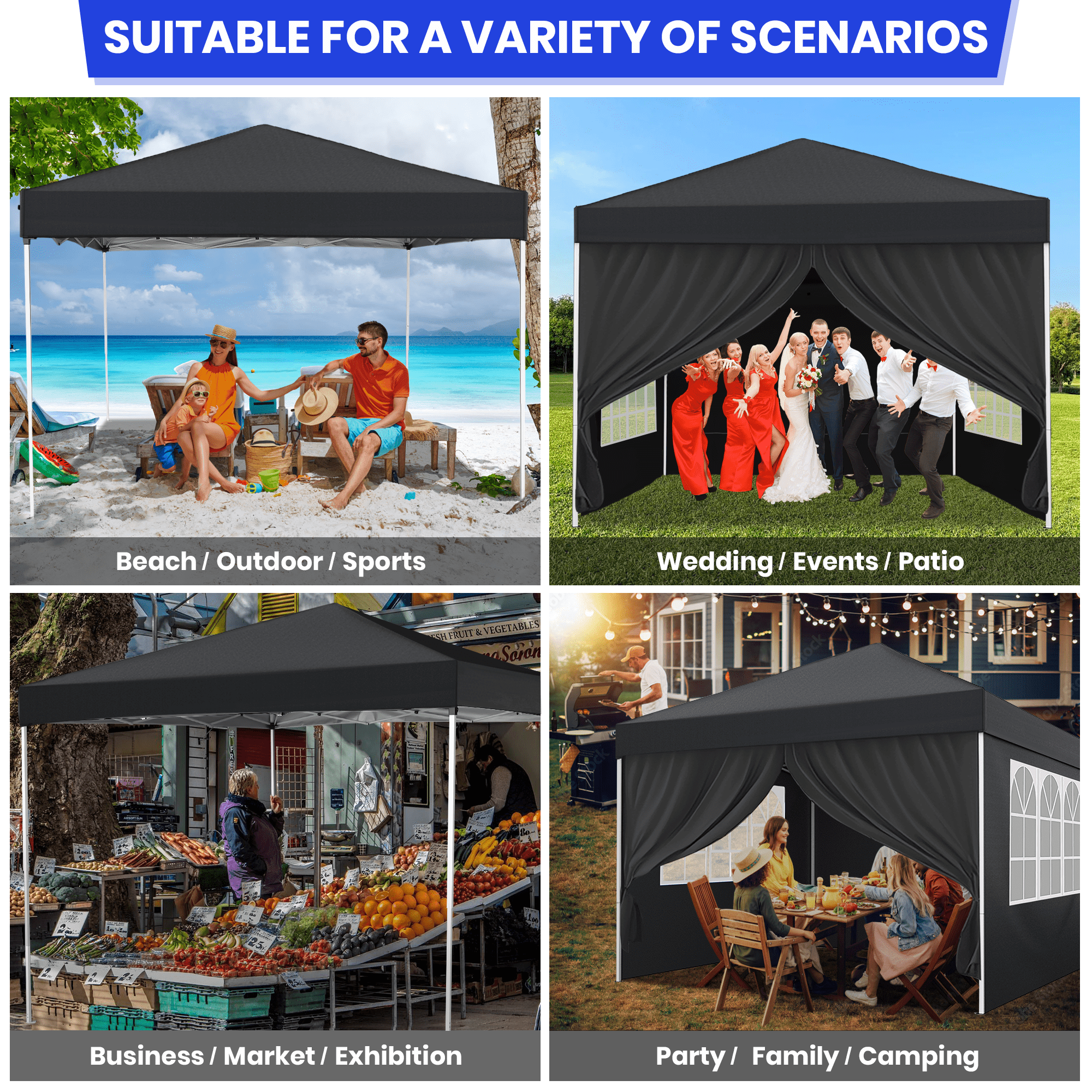 GVDV 10X10Ft Pop up Canopy Tent Enclosed Instant Folding Canopy Shelter with Elegant Church Window, Black