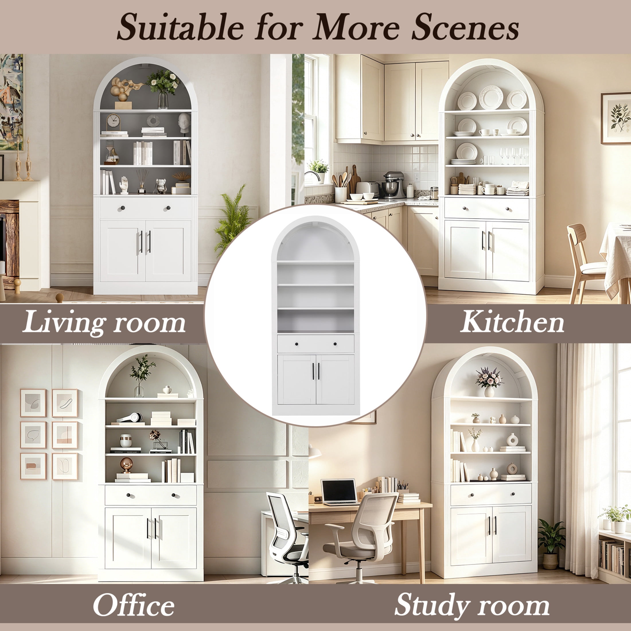 GDF Studio Corvel 70.9" Arched Bookshelf with Storage Cabinet & Adjustable Shelves, Kitchen Pantry Cabinet, White