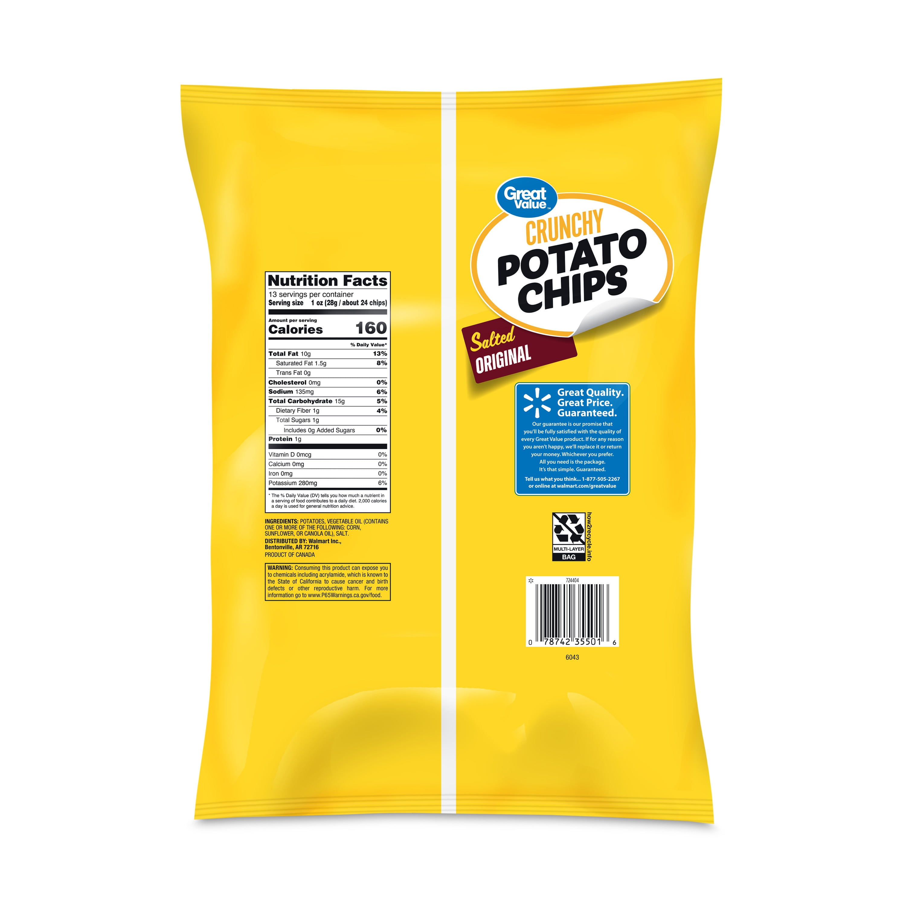 Great Value Original Potato Chips Party Size, 13 oz