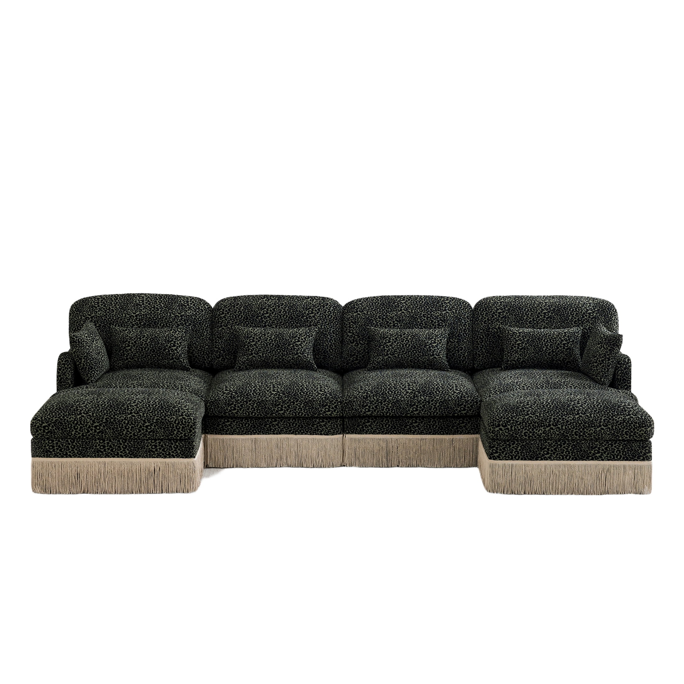 Noble House Carola Leopard Print Chenille 4-Seater Sofa, Modular Sectional Couch with 2 Ottomans and Tassel Trim, Green
