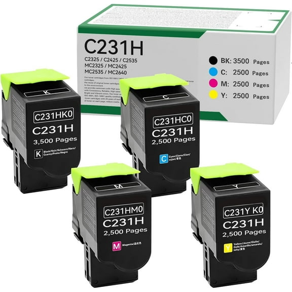 High Yield C231HK0 C231HC0 C231HM0 C231HY0 Toner Cartridge Replacement for Lexmark C2325 C2425 C2535 MC2325 MC2425 MC2535 MC2640 Printer Toner (Black 3500 Pages,Colour 2500 Pages)