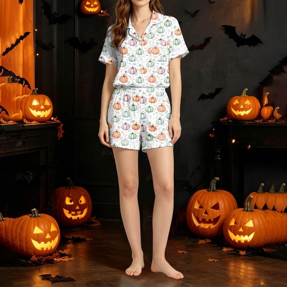 Trendfront Womens 2-Piece Halloween Pajama Set Notch Collar Short Sleeve Button-Front Top and Shorts Colorful Pumpkin Print with Chest Pocket Sleepwear Loungewear