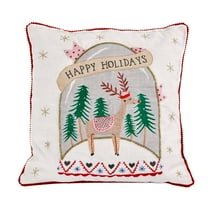 HGTV Home Collection by National Tree Company Christmas Pillow, Mutlticolor, Snow Globe, Reindeer, Beaded, Red Mini Pom Pom Trim, 18 Inch