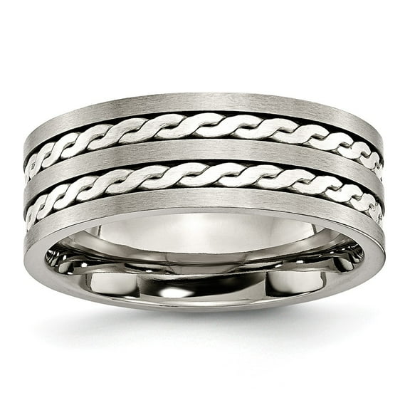Titanium 925 Sterling Silver Braided Inlay 8mm Brushed and Antiqued Band Size: 15; for Adults and Teens; for Women and Men