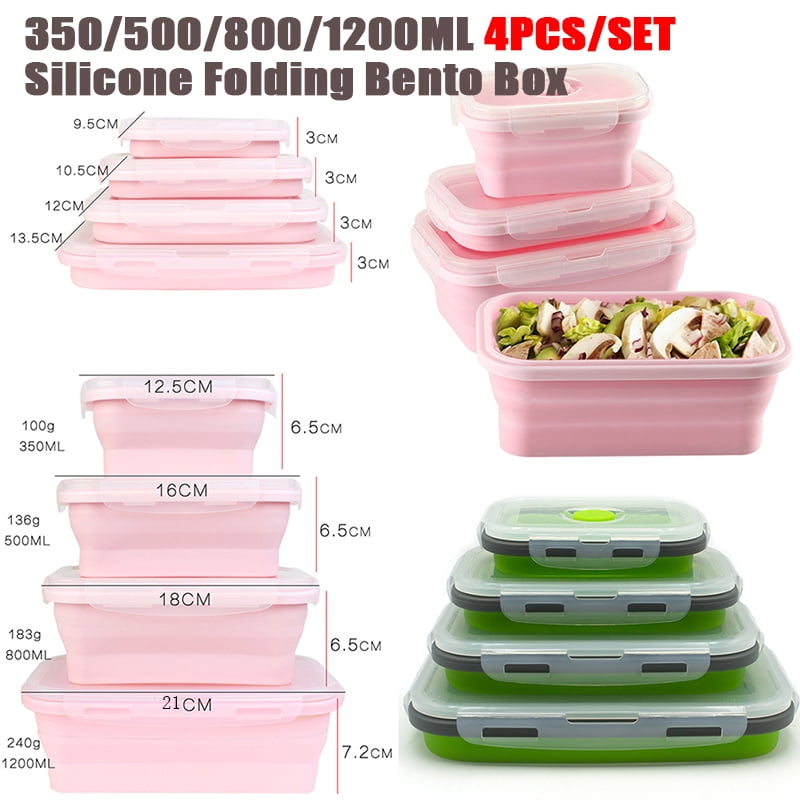 CHUANYAN 4pcs/set Silicone Rectangle Lunch Box Collapsible Bento Box Folding Food Container Bowl 300/500/800/1200ml for Dinnerware
