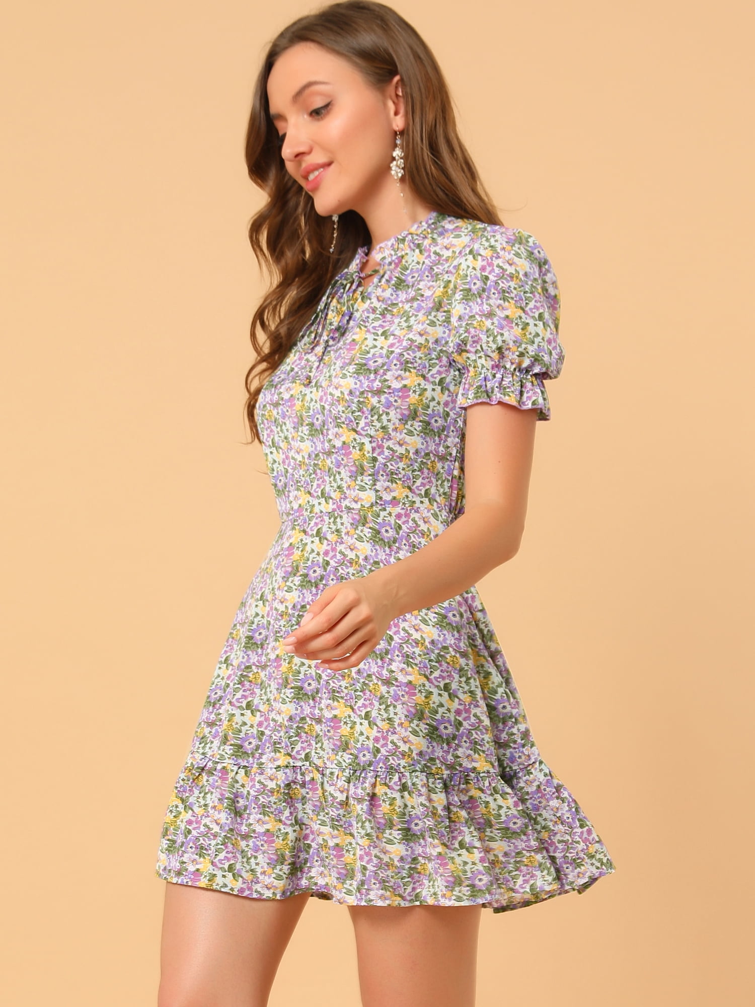 DARING DIVA Ruffle Floral Bow Tie Chiffon Puff Fit & Flare Dress XL Purple