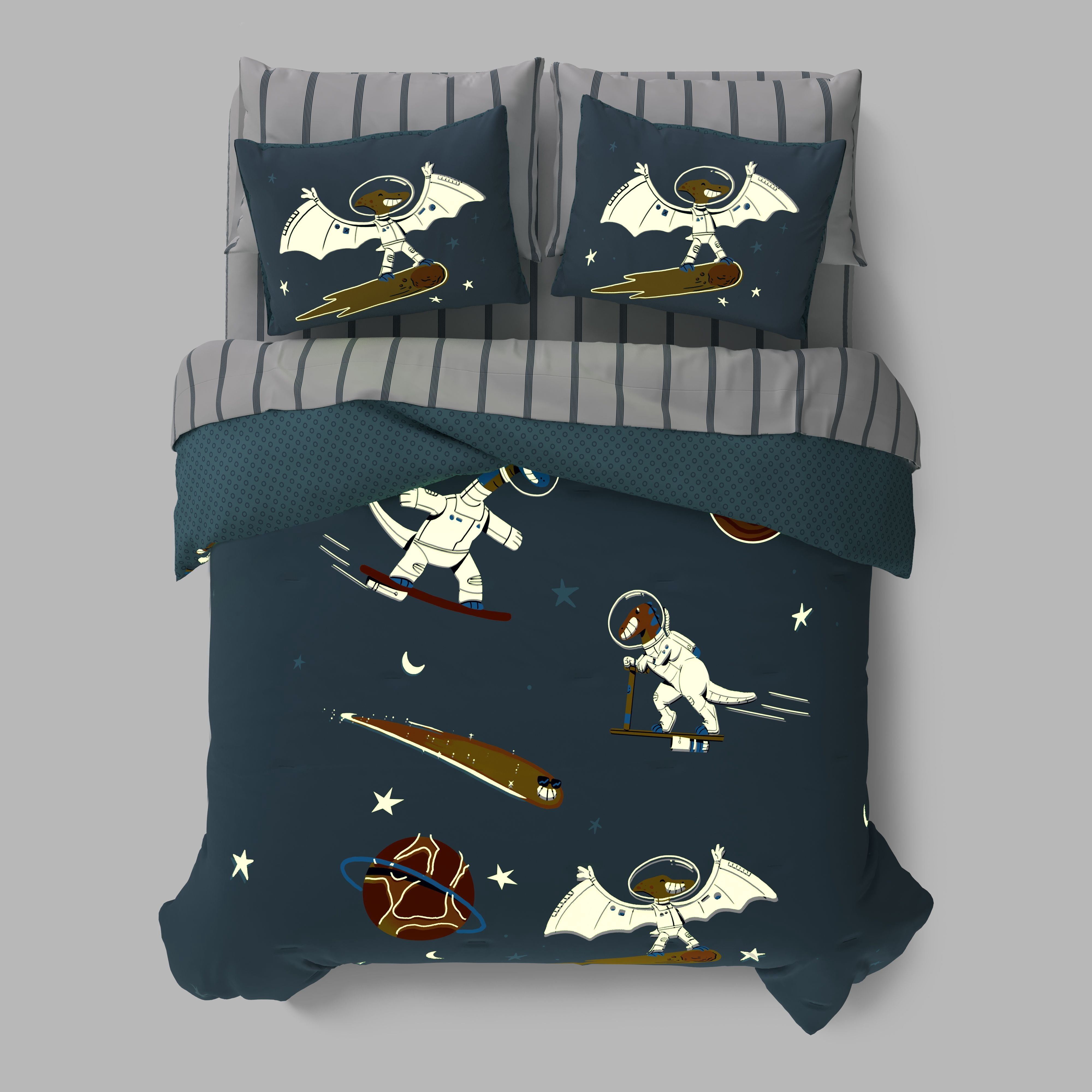 Mainstays Kids Glow in the Dark Space Dino Reversible Comforter Set with Sheets, Full, 7 Pieces