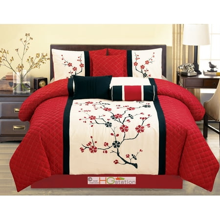 7 Pc Quilted Peach Plum Blossom Tree Embroidery Comforter Set Red