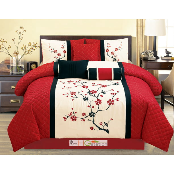 7 Pc Quilted Peach Plum Blossom Tree, Black White And Red Bedding Queen