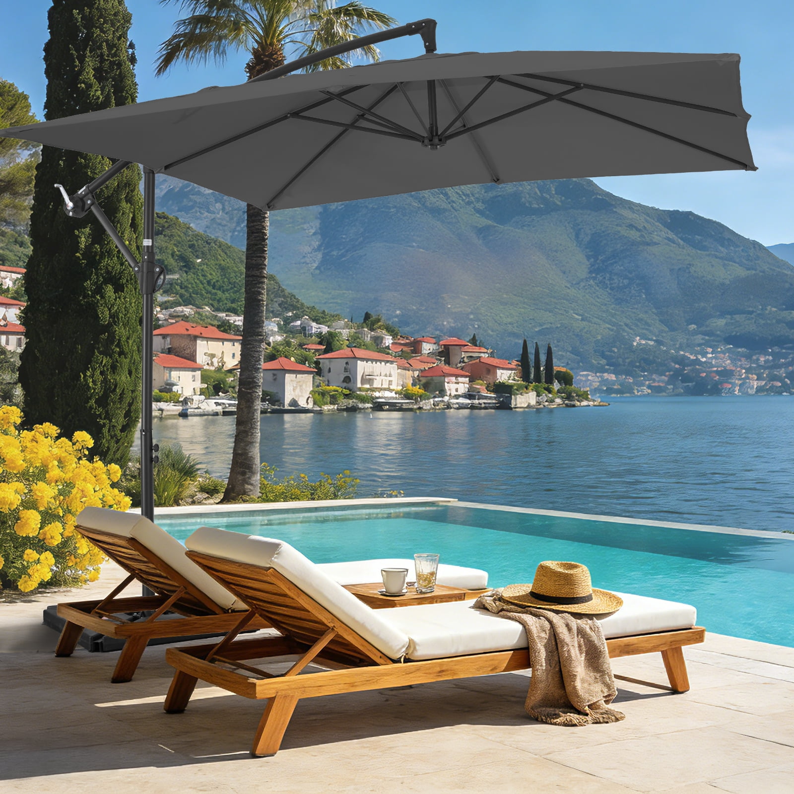 FUNDAZE 8x8ft Hanging Cantilever Patio Umbrella with Base, Square Outdoor Sun Shade with Crank & Tilt for Garden, Backyard, Deck,Gray