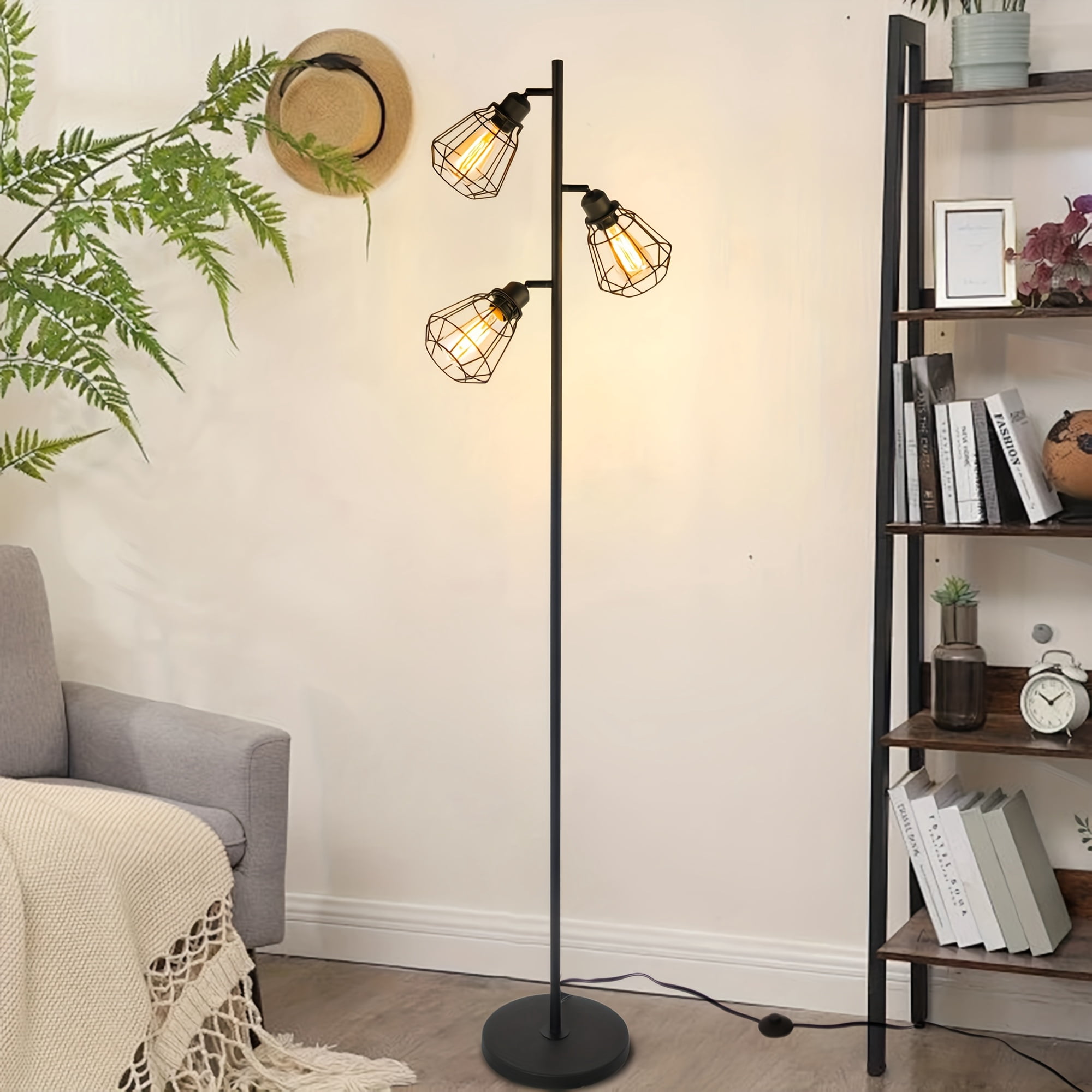 Tree Floor Lamp for Living Room with 3 Elegant Teardrop Heads And ST64 Edison Bulbs, Sturdy Base, Tall Vintage Pole Lamp for Cottage Rustic Bedroom Office