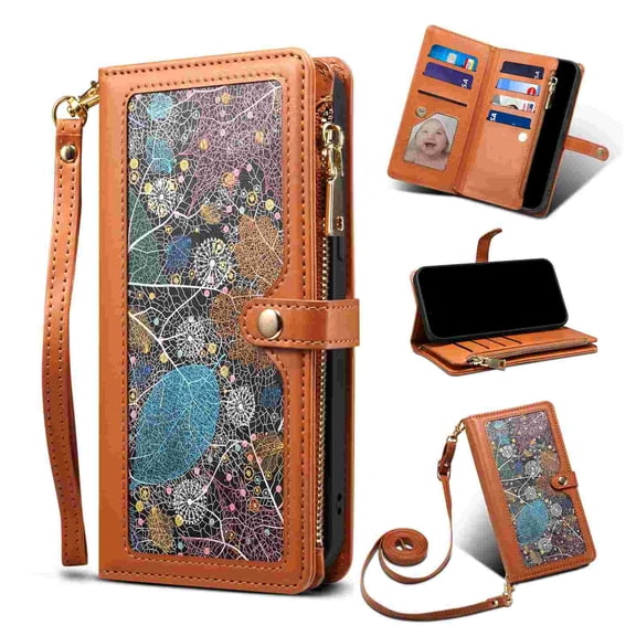 Dteck RFID Blocking PU Leather Wallet Card Case with Crossbody Strap for iPhone 17, Shockproof Zipper Pocket Flip Stand Cover, Brown