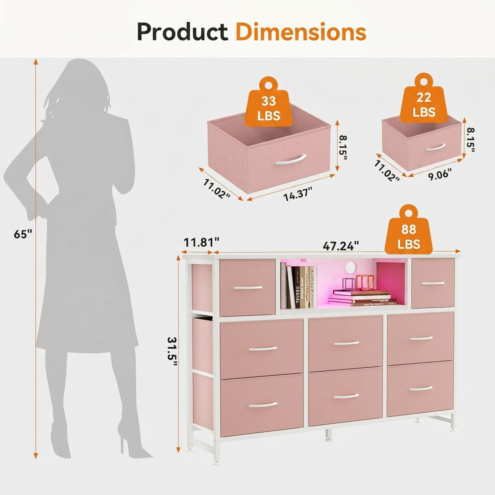 BEAUTYPEAK TV Stand Dresser with 8 Fabric Drawers LED Light Open Shelf AC & USB-C Charging Station, Pink