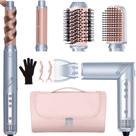 RACCOMB 5-in-1 Hair Styler, Air Styling & Drying System, Powerful Hair Dryer Brush & Multi-Styler with Auto-Wrap Curlers, Oval Brush, Hair Straightener, Portable Package, Blue