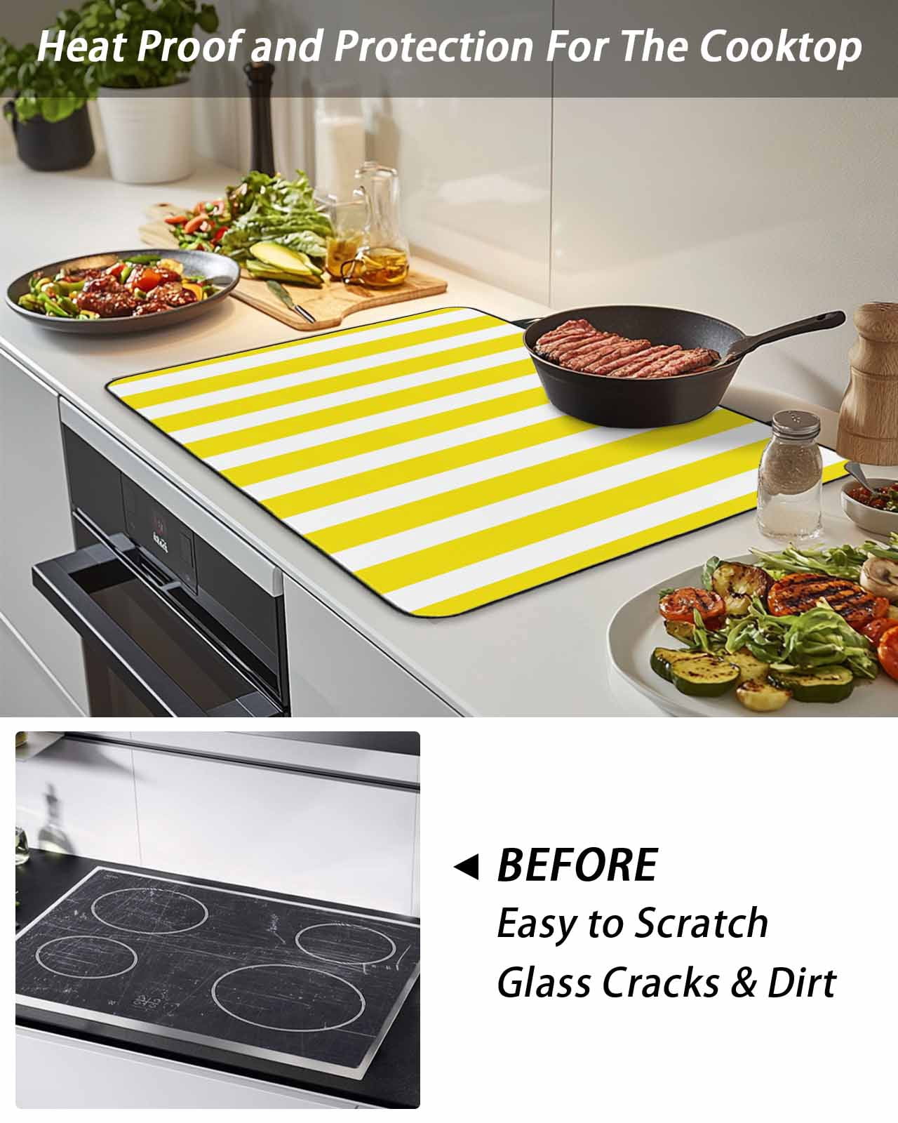 Stove Top Covers for Electric Stove, Yellow Striped Glass Stovetop Cover Protector, Modern Farmhouse Yellow White Stripes Induction Cooktop Protector Oven Mat for Kitchen Countertop 24"x21"