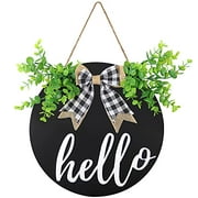 G JGOO 3D Welcome Sign Hello Front Door Wall Decor, Rustic Round Wood Sign Hanging Farmhouse Porch Decoration with Artificial Eucalyptus and Burlap Bow for Home Outdoor Indoor (Black)