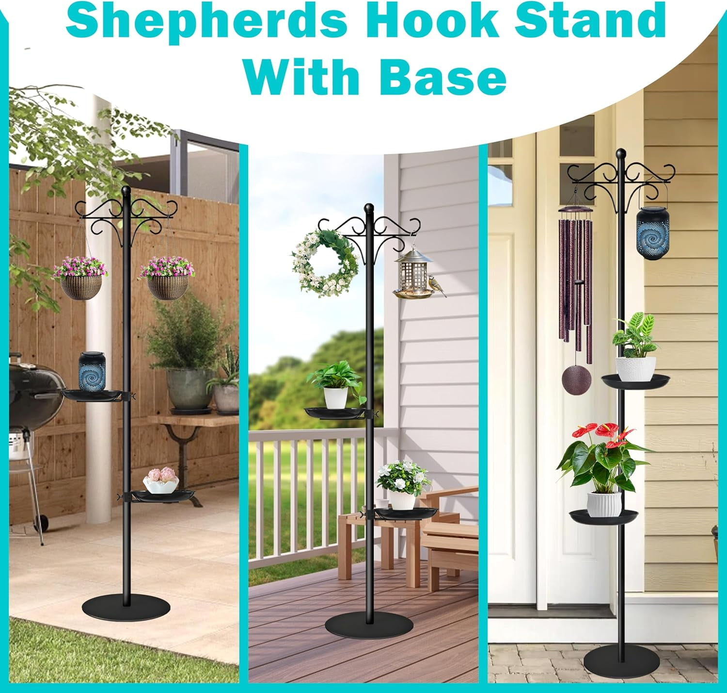 76" Thicken Shepherds Hooks for Outdoor - Double Shepherd Hooks for Outside with 2 Stands, Bird Feeder Pole with a Flat Base for Deck, Plant Stand Indoor, Wreath and Wind Chimes Hanger