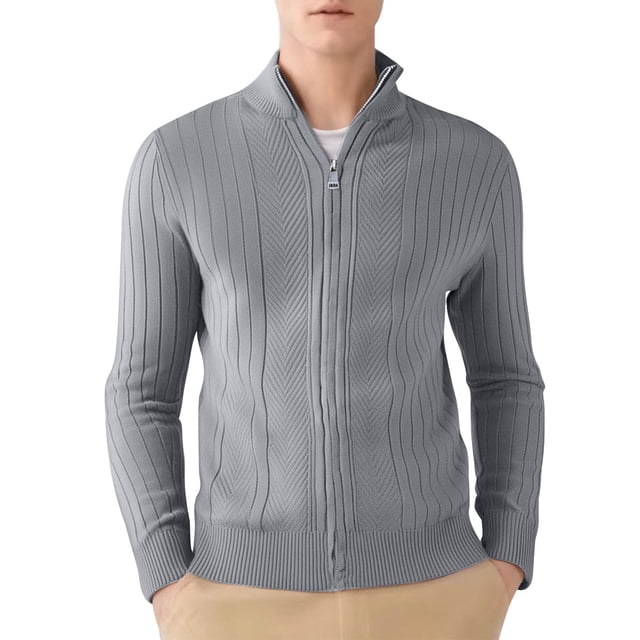 ShomPort Cardigans for Mens Cable Knitted Stand Collared Full Zipper Long Sleeve Ribbed Cuff Sweater Solid Color Warm Outwear