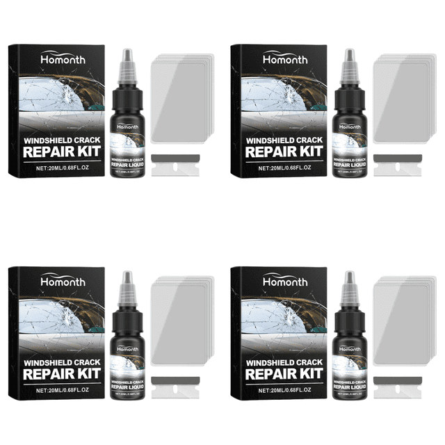 herramientas reparación grietas ventana parabrisas restauración arañazos cristal 20ml Kit frontal con caja negra marcada 'Windshield Crack Repair Kit', frasco dosificador 20 ml con boquilla, tarjetas aplicadoras plásticas y base de soporte, disposición repetida cuatro veces sobre fondo blanco; adecuado para trabajos de reparación de grietas pequeñas en cristal según instrucciones del fabricante.