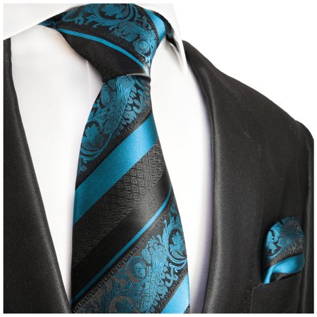 - Paul Malone Turquoise and Black Silk Tie and Pocket Square
