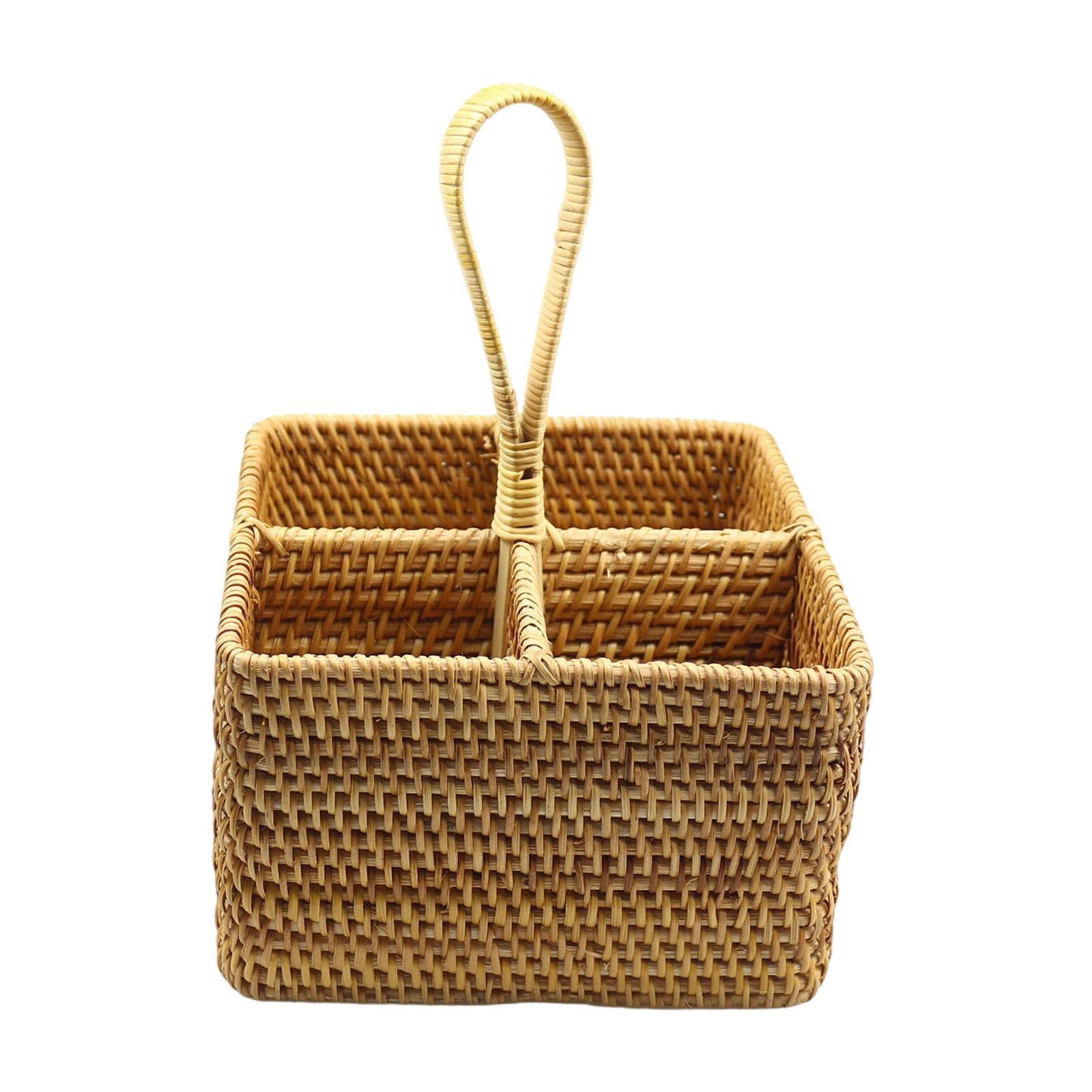 Fancyes Utensil Holder Condiment Organizer Container Basket with 4 Compartments Tableware Storage Holder Rattan Woven for Dining Room Small Square