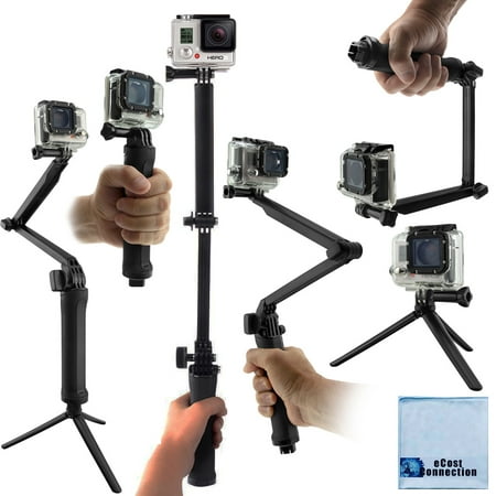 3-in-1 for ALL GoPro HERO Cameras: Grip, Monopod Arm, Tabletop Tripod + eCost Microfiber