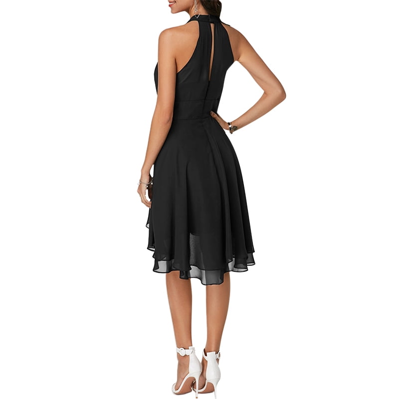 cutout back black layered sleeveless chiffon dress