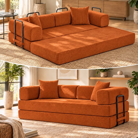 OUGRAZ 76.4" Convertible Sofa Bed, Boneless Couch for Living Room, No Assembly Sleep Sofa Bed, Orange