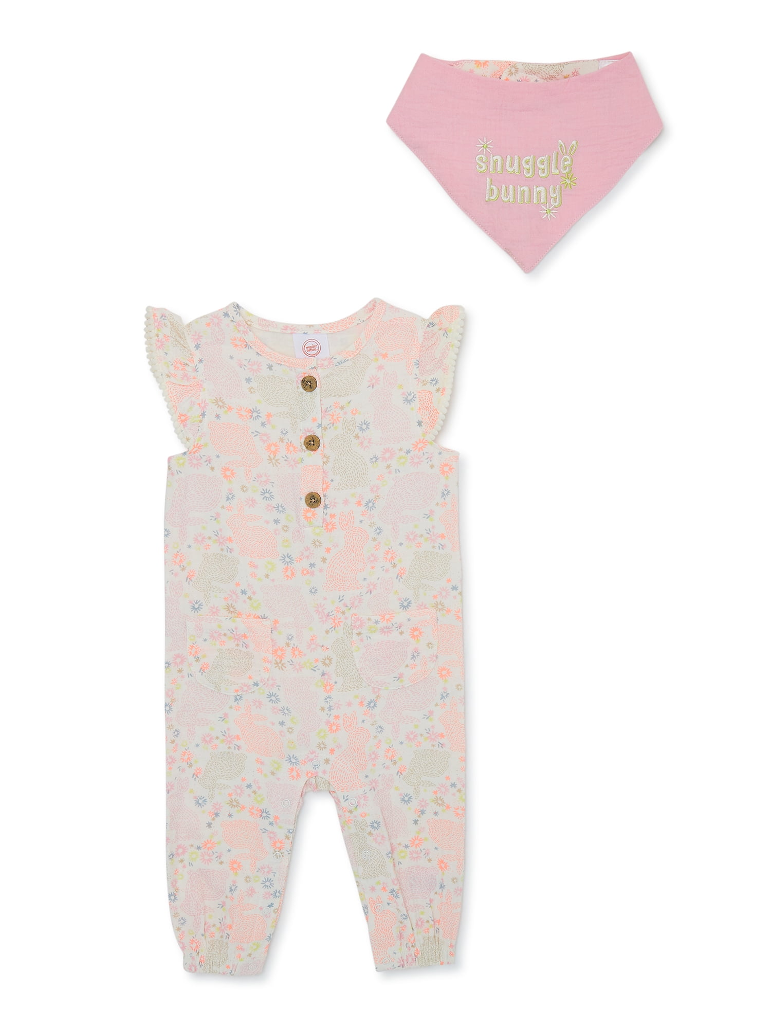 Wonder Nation Baby Girl Bunny Romper and Bandana Set, 2-Piece, Sizes 0-24 Months
