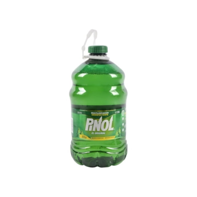 pack de 6 limpiador multiusos pinol familiar de 3.75 l envase PET frontal, vista centrada de botella verde con tapa y asa, etiqueta con logo Pinol y texto 'multilimpiador desinfectante' y 'aroma a pino'; indicado para desmanchar y desengrasar, suele usarse también para limpiar superficies del hogar.