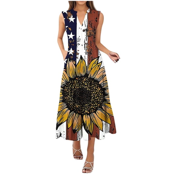 Tnhcen Women's Casual 4th of July Dress V - neck Sleeveless Sunflower Print Maxi Dress Plus Size S - 2XL Stretchy Summer Party Casual Dress