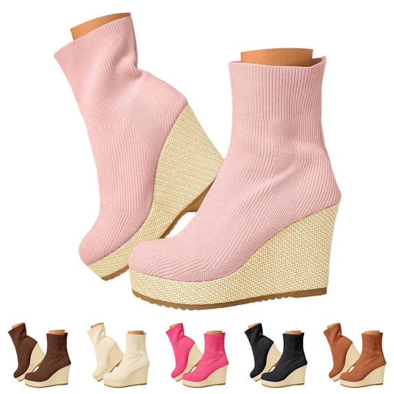 Pandaie Ankle Boots for Women Stretch Knitted Platform Wedge Heel Sock Booties Pull on Round Toe High Heels Dress Short Boots Black 6