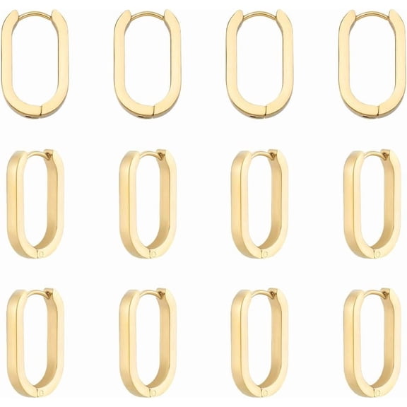 12Pcs Real 18K Gold Plated Earrings Stainless Steel Huggie Hoop Earrings 21mm Gold Oval Endless Hoop Small Sleeper Piercing Earring