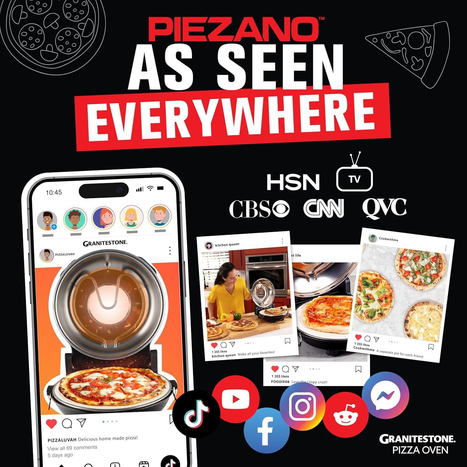 Granitestone Piezano Portable 12 Inch Electric Oven Stone-Baked Indoor Outdoor Countertop Pizza Maker Heats to 800F Nonstick