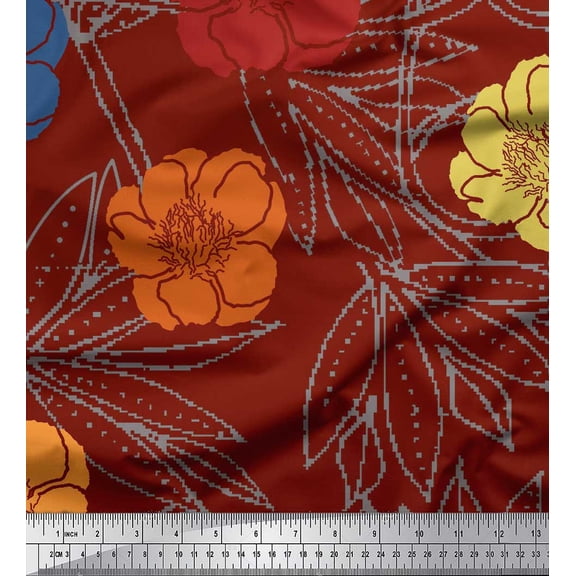 Soimoi Red Cotton Voile Fabric Leaves & Floral Hand Drawn Print Fabric by the Yard 42 Inch Wide