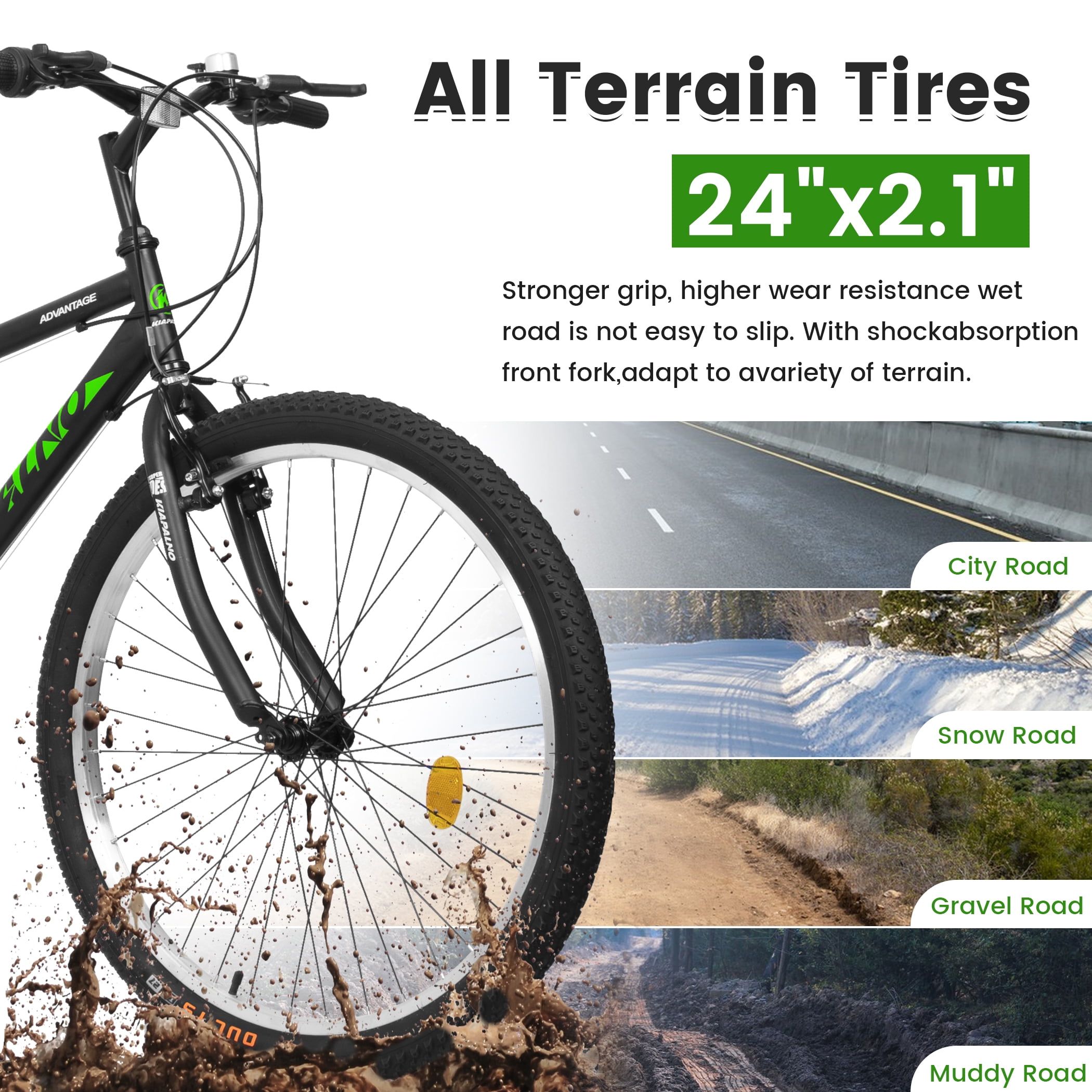 24 Inch Mountain Bike for 10+ Years Old, 21 Speeds Commuter Bike with V Brake and Steel Frame, Rigid Suspension MTB Bicycle for City Trail Beach Snow, BLACK-GREEN