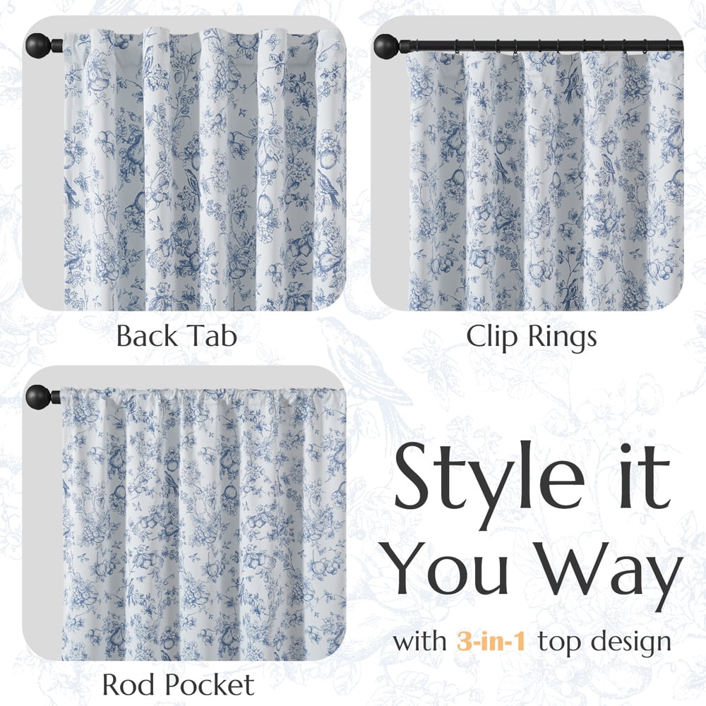 CURTAINKING Blackout Curtains 63 Inches Long, Printed Floral French Farmhouse Curtains for Bedroom Living Room Back Tab Thermal Insulated Window Drapes, 2 Panels Blue