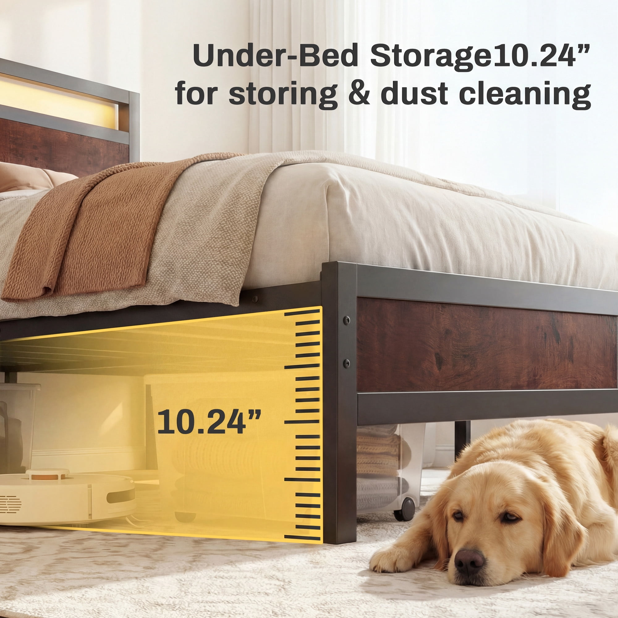 Bolvdo Queen Bed Frame with LED Headboard & Footboard, Built-in Charging Station, Storage Shelf, Noise-Free, No Box Spring Required, Easy Assembly, Coffee Brown