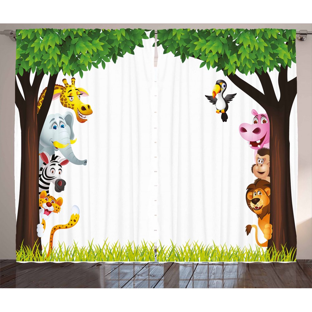 Nursery Curtains 2 Panels Set, Big Trees and Friendly Jungle Safari