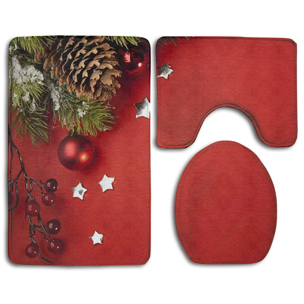 GOHAO Merry Christmas 3 Piece Bathroom Rugs Set Bath Rug Contour Mat and Toilet Lid Cover